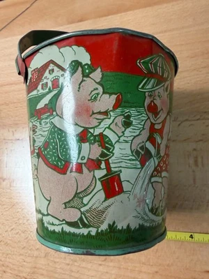 Vintage J. Chein Three Little Pigs Big Bad Wolf Tin Litho Sand Pail - Image 1 of 4