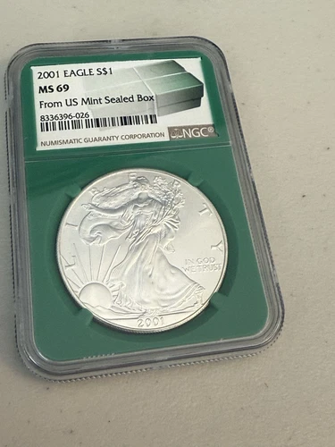 2001 $1 AMERICAN SILVER EAGLE NGC MS69 FROM US MINT SEALED BOX LABEL GREEN CORE