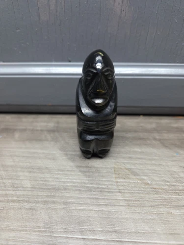 Aztec Mayan Black Gold Sheen Natural Obsidian Stone Carved Figure Sculpture
