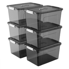 19 Quart Stackable Plastic Storage Bins with Lids, 6 Pack Clear Black Organiz...