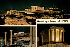 Greetings From Athens Greece Acropolis by Night vintage postcard r552