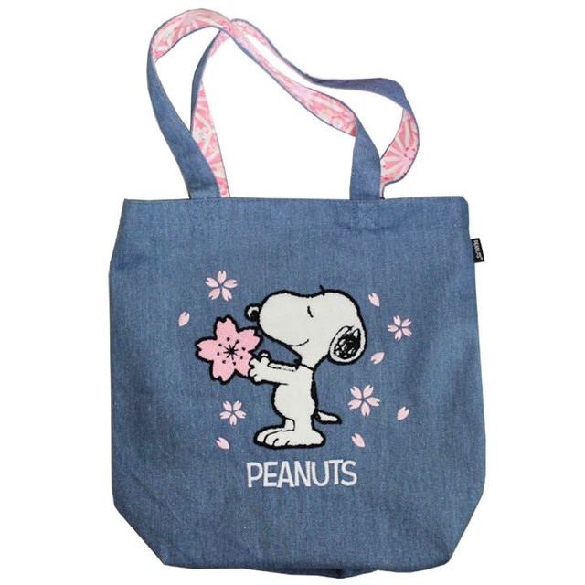 Peanuts Snoopy Chenille Embroidery Cotton Sakura Tote Bag Ping Lesson Blue