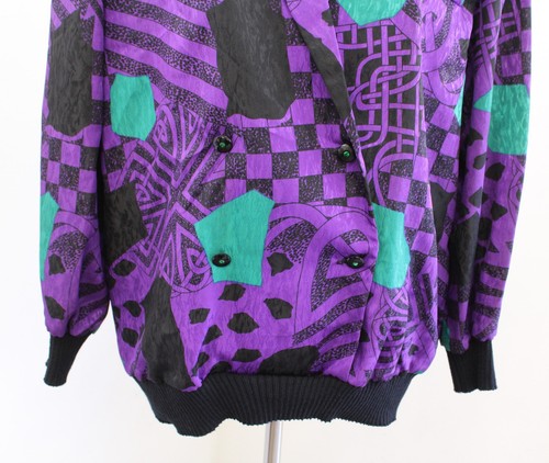 Chaqueta De Colección Años 80 90 Púrpura Negra Estampado Geométrico Retro Estilo Bombardero Talla 14 Verde - Imagen 3 de 7