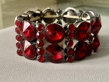 Vintage Glass Rivoli  Rhinestone Ruby Red Wide Stretch Bracelet STUNNING Bling