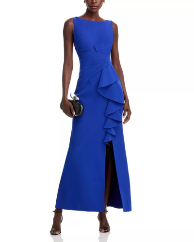 ELIZA J Womens Sz 14 Cobalt Blue Sleeveless Cascading-Ruffle Knee-Hi Slit Gown