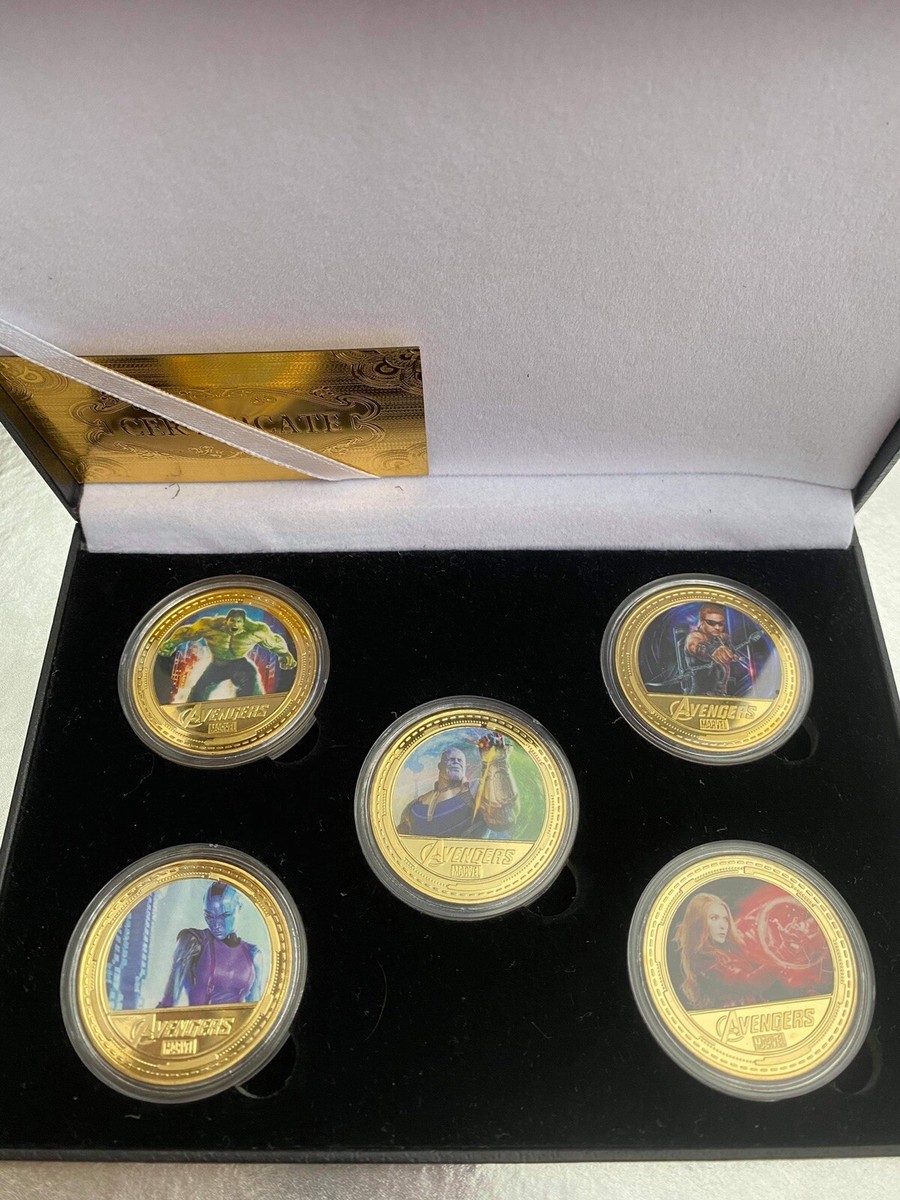 Marvel Avengers 5 Coin Gold Plated Box Set, Thanos - Hulk - Nebula - Hawkeye