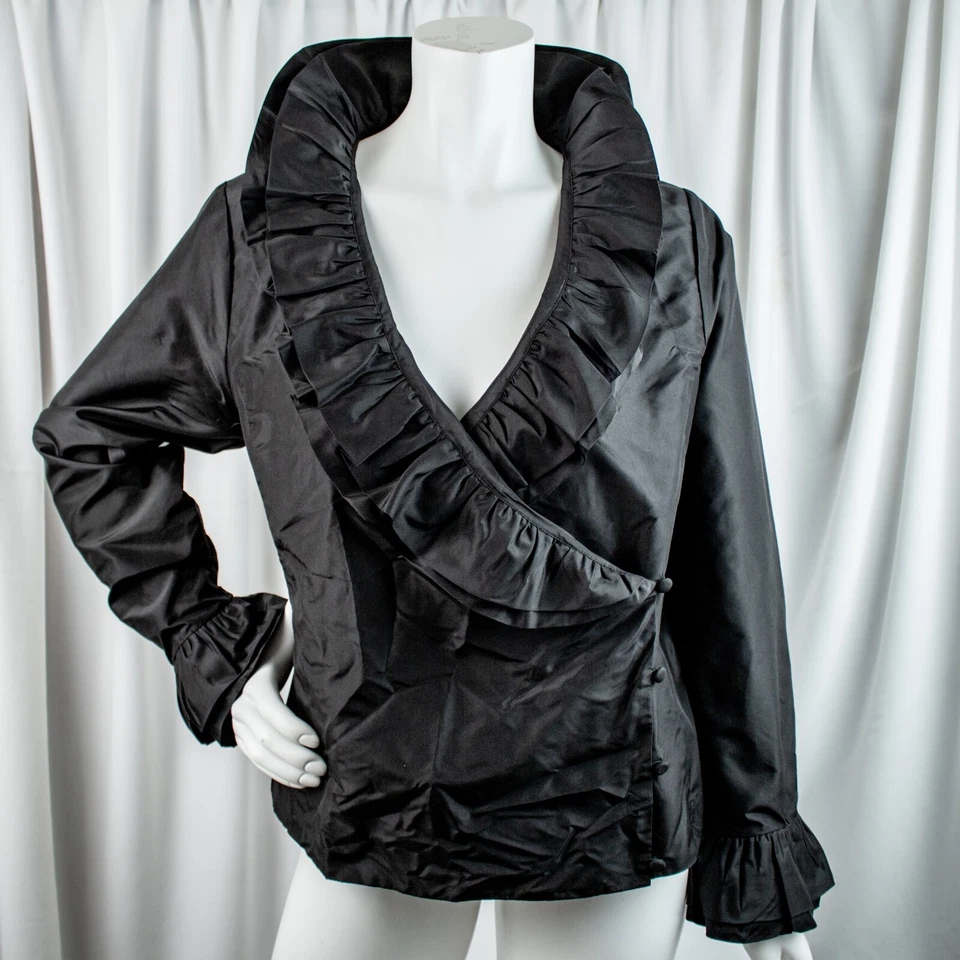 Nueva Chaqueta Top BLOOMINGDALE's Negra Sólida Vintage Mujer Seda Volantes Talla 16 W Foto 4 de 4