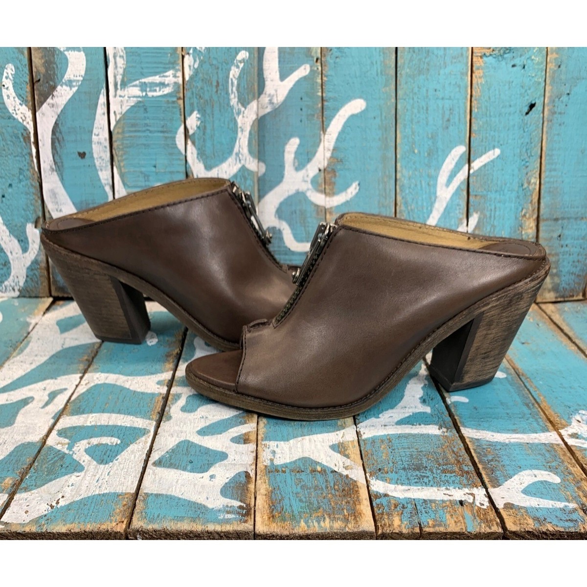 VTG Frye Womans Zip Front Moto Peep Toe Leather Slide Mule