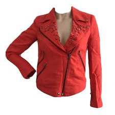 Zara Rare Studded Red Cotton Linen Biker Moto Jacket Xs Uk 6-8 Eu 34-36 Bnwt