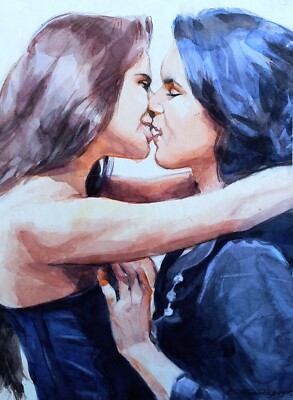 Original watercolor painting Beautiful portrait illustration of a nude girl kiss