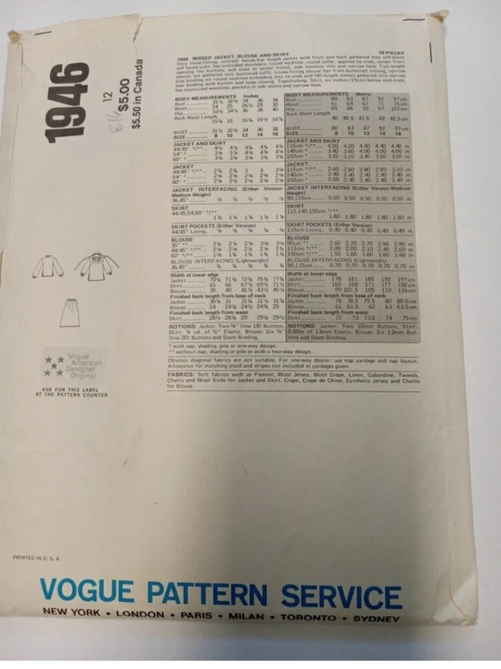 Chaqueta y falda Bill Blass 2014 patrón de costura de diseño de moda talla 10 sin cortar Foto 2 de 2