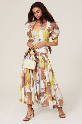 Jonathan Simkhai Iva Pleated Drop Waist Midi Dress Size 4 Multicolor Poplin Puff