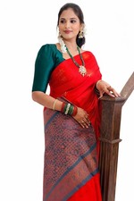 Red Kanchipuram Soft Silk Saree, Teal Brocade Pallu, Traditional Butta Design