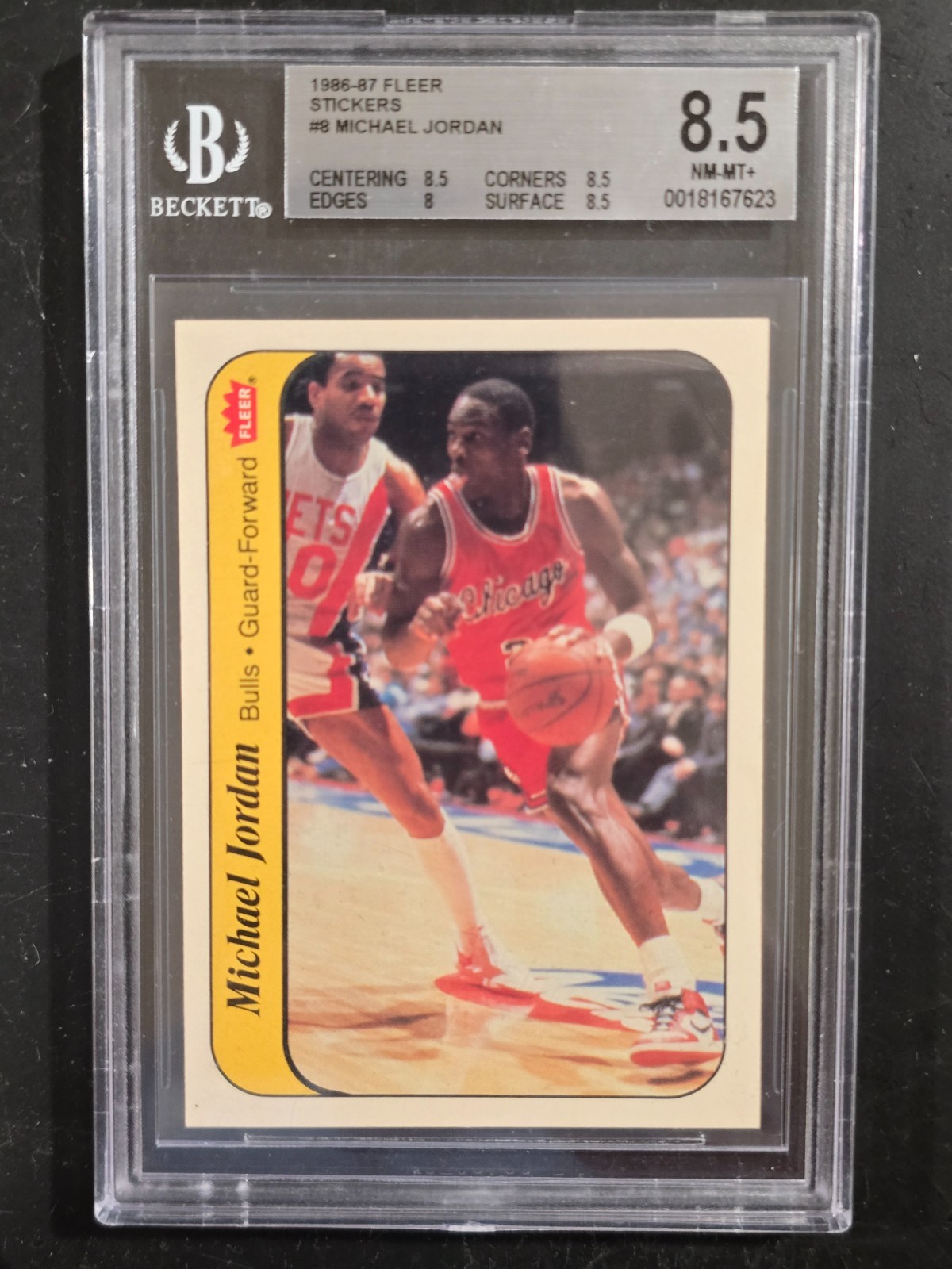 🔥 1986 FLEER MICHAEL JORDAN #8 STICKER ROOKIE RC NM MINT + BGS 8.5 🔥 view 1