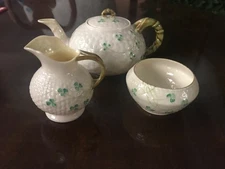 Belleek Shamrock Basketweave Green Mark Ireland Irish Teapot, Sugar & Creamer