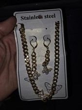 Stainless Steel Gold Tone Butterfly Necklace Earrings Jewelry Set Rhinestone