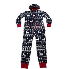 Tipsy Elves Unisex Blue Reindeer Fair Isle Hooded Jumpsuit Size Medium