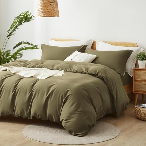Size Duvet Cover - 3 Piece Bedding Set (1 Duvet Cover & 2 Queen Olive Green - Picture 2 of 7