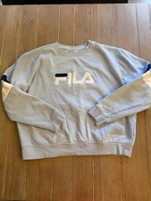 Fila Sweatshirt Light Blue Crewneck Pullover Big Logo Sleeve Stripe Women's L