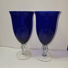 Set of  Vintage Cobalt Blue with Clear Stems Water Goblets 8.5 In x 4in 