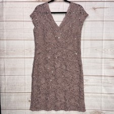 Scarlett Nite Womens 14 Mauve Lace Sequin Tiered V-Neck Cocktail Dress Formal