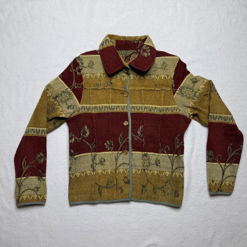 Custom Made Jacket/Overcoat Floral Curtain/Tablecloth Size Small?  Red/Tan/Brown