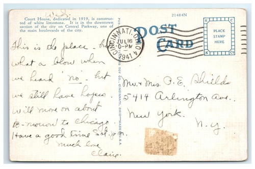 1914 Court House Cincinnati OH, Ohio Early Linen View Cars Street - Foto 2 di 2