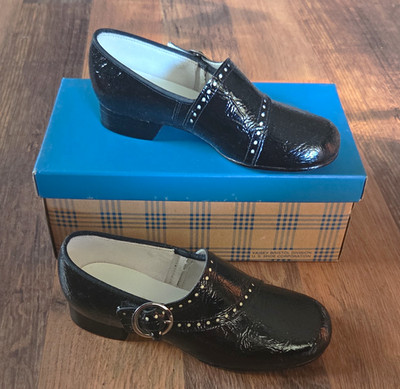 Vintage Jumping-Jacks Blk Crinkle Patent Leather Side Buckle Dress Shoesize10.5D