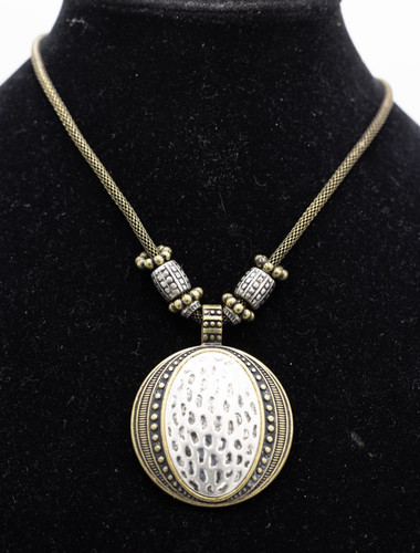 Premier Designs Mixed Metal Statement Necklace Oval Pendant Silver Bronze Tone