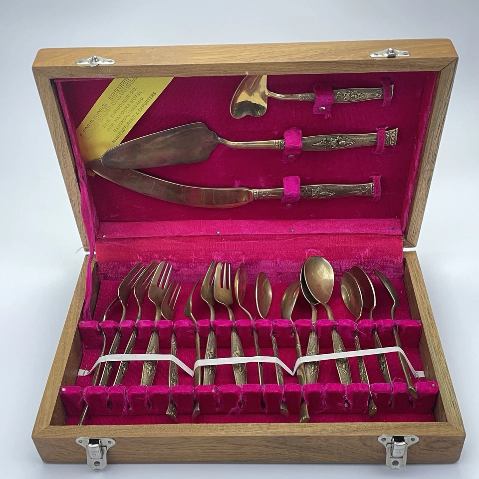 Vintage Messing-Besteck 24-tlg. Thailand Holzbox Antikkunstvoll Verziert RAR! - Bild 3 von 4