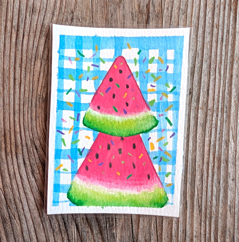 ACEO Watermelon Party Original Signed Watercolor on Paper, Unframed