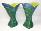 PAIR RARE VINTAGE ROYAL HAEGER R826 ART DECO VASES GREEN SINGLE LEAF MCM POTTERY