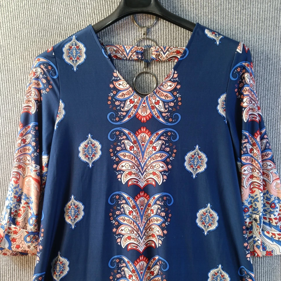 Vestido New Direction para mujer L azul cachemira floral elástico túnica manga lengüeta enrollable Foto 2 de 4