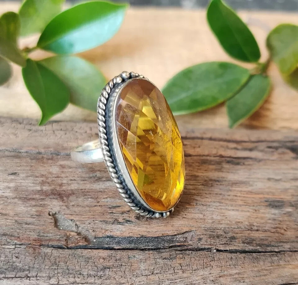Valentines Sale Oval Citrine Gemstone Wife Band Trendy Ring