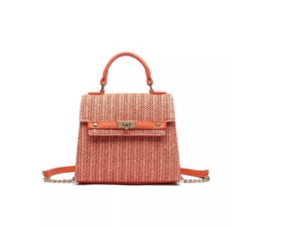 LIKE DREAMS Neo straw leather trim small crossbody bag Orange