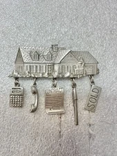 SAVE! JJ JONETTE Silver Tone Pewter HOME FOR SALE SOLD REALTOR Brooch w/charms