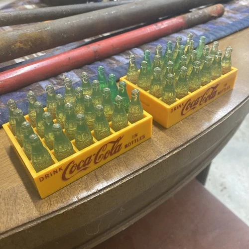 Lot Of 2 Vintage Coca Cola Yellow Crate with 24 Miniature Plastic Green Bottles