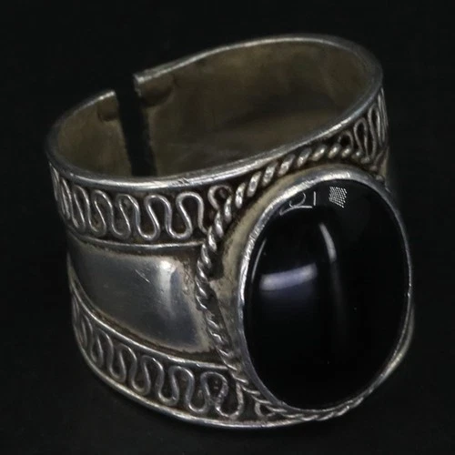VTG Sterling Silver SOUTHWESTERN Braided Onyx Statement Cuff Ring Size 8.5 - 6g