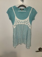 Y2k Xtraordinary Cap Sleeve Aqua/Teal Top w/ Horizontal Striped Lace Tank TeenXL