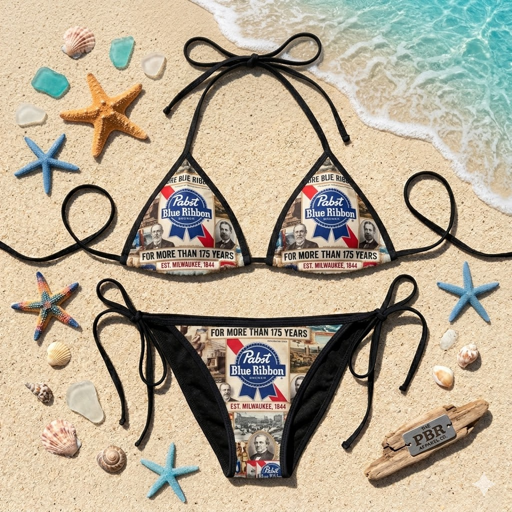 Vintage Y2K Pabst Blue Ribbon Beer Print String Bikini Hot Beach