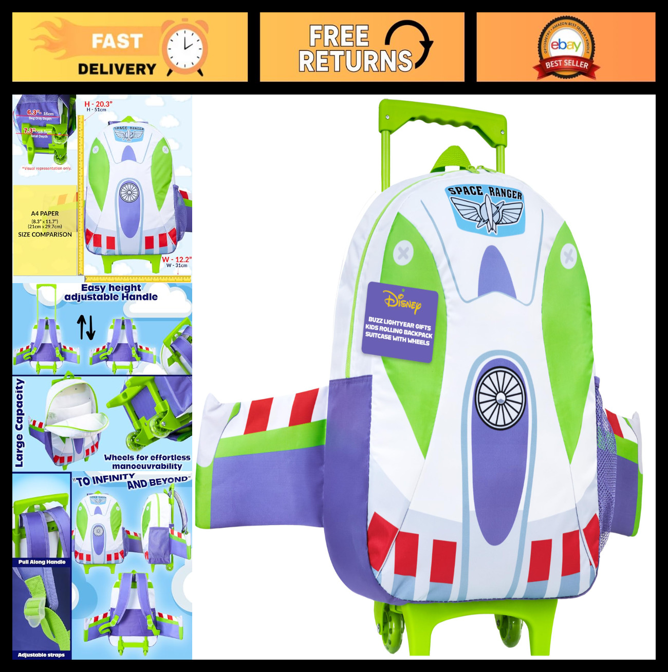 2-in-1 Rolling Kids Backpack 18" Buzz Lightyear Carry On Lug