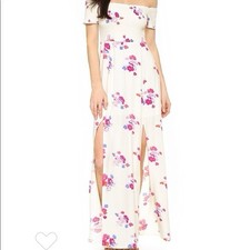 MINKPINK Floral Maxi Dress Size S White Pink Off Shoulder Shirred Smocked Boho