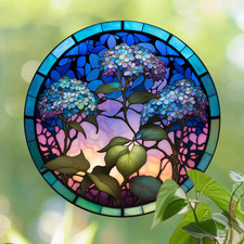 Hydrangea Flowers Faux Stained-Glass WINDOW CLING Size 8" Round Vinyl