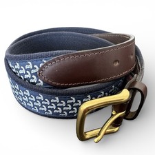 Vineyard Vines USA Blue Cotton Canvas Logo Waves Leather Belt w Brass Buckle 38