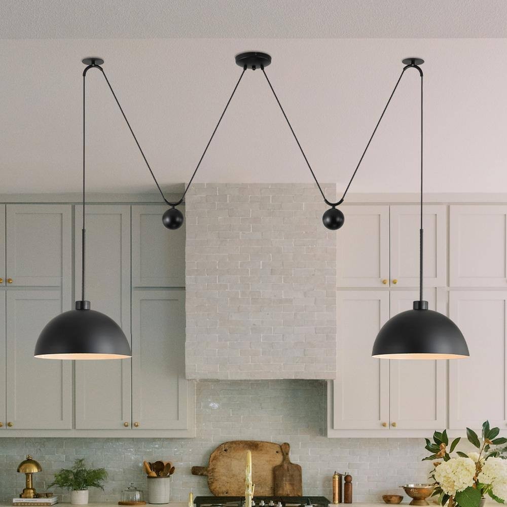 2 Lights Matte Black Industrial Adjustable Hanging Metal Pendant Lights 13.78