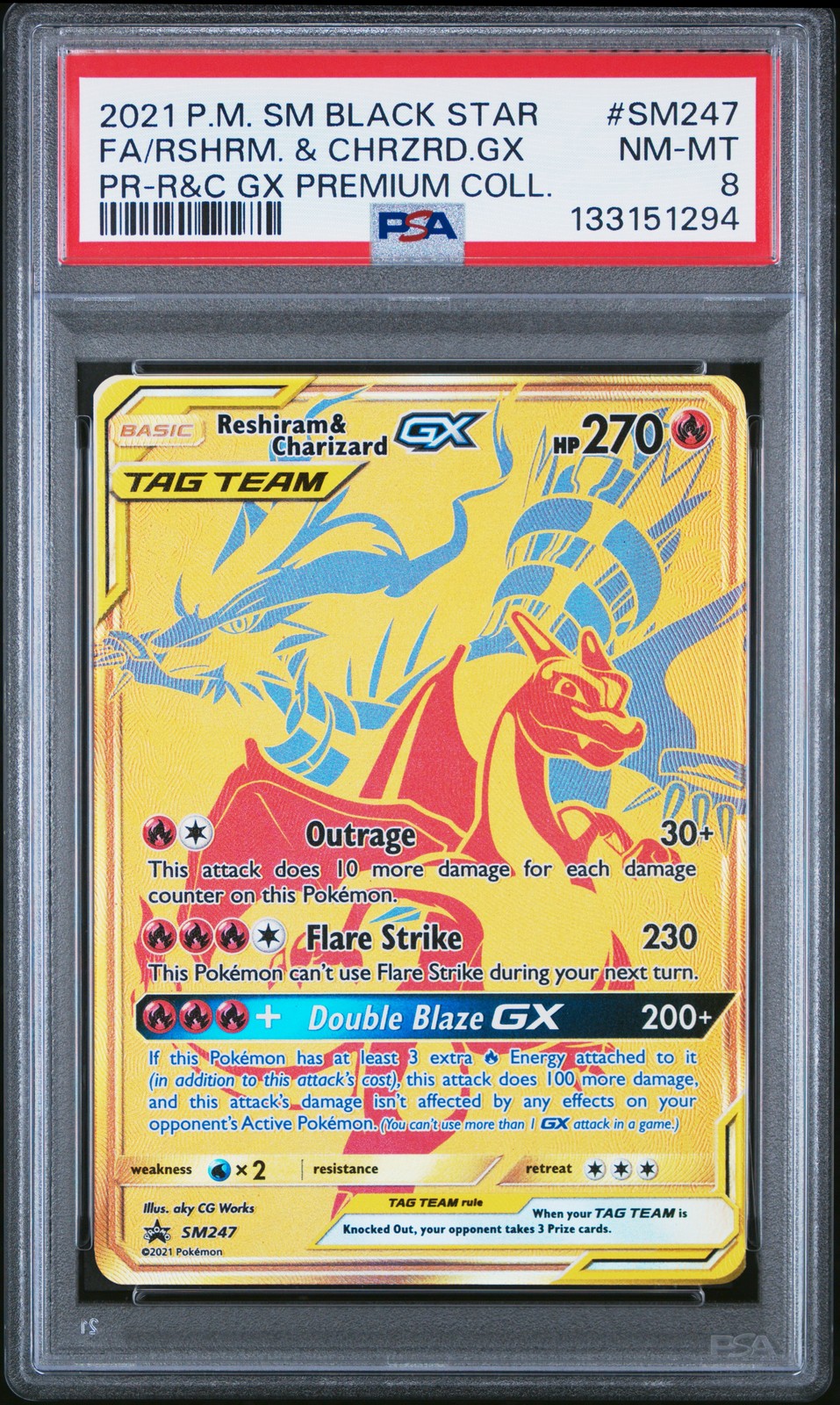2021 POKEMON SM BLACK STAR PROMO #SM247 FULL ART/RESHIRAM & CHARIZARD GX PSA 8