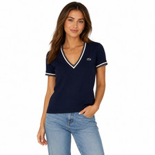 LACOSTE Damen T-Shirt V-Ausschnitt Marine Bau...