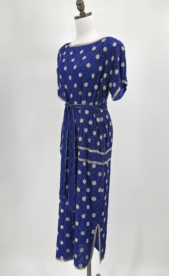 Vestido Midi Judith Ann Creations Vintage Azul Prata Seda Todo Frisado Tamanho M - Imagem 3 de 4