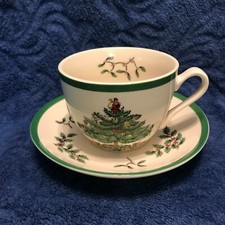 NEW W/ TAGS SPODE CHRISTMAS TREE FLAT TEA / COFFEE CUP AND  SAUCER SET - MINT