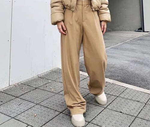 ZARA NEW WOMAN High-waisted PLEATED PANTS WIDE LEG LIGHT CAMEL Size M | eBay